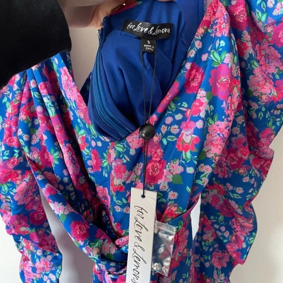 For Love & Lemons Puff Sleeve Open Back Annie Mini Dress Blue Pink Floral Sz S - Picture 14 of 14